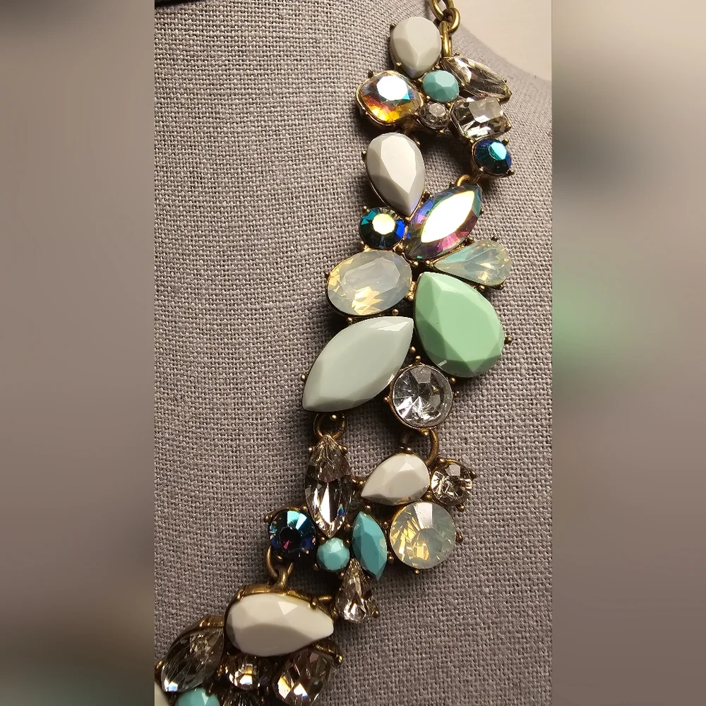 [J. Crew] Cluster Statement Necklace Mint Green, Gray White & Iridescent Stones
